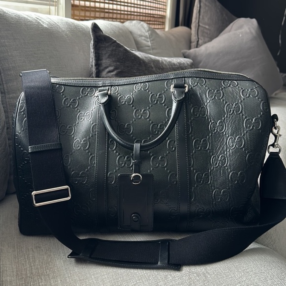 GUCCI Weekender GG Embossed Duffle Bag Large Travel Tote 100% Auth Luggage Purse